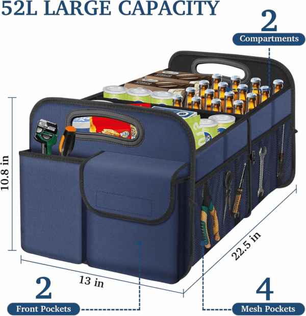 Car Trunk Organizer, Collapsible, Waterproof, Non-Slip, Blue, 52L, 5 Compartments, Rectangular, Portable, Practical/Functional - Image 2