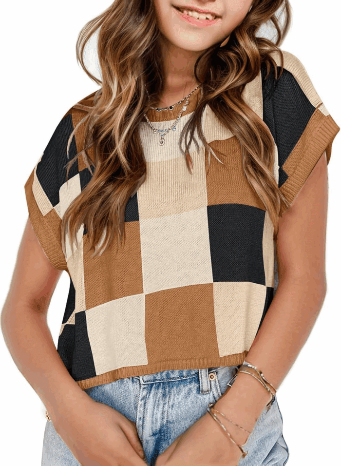 Girls Summer Crop Tops Spring Vest Cute Tanks Cap Sleeve Colorblock Tee Loose Kids Fall Knit Top
