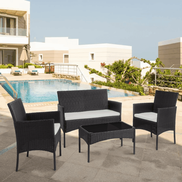 4 Piece Outdoor Patio Furniture Sets, Small Wicker Patio Conversation Furniture Rattan Chair Set with Tempered Glass Coffee Table for Backyard Porch Garden Poolside Balcony - Image 6