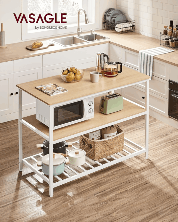 Kitchen Island with 3 Shelves, 47.2 Inches Width Kitchen Shelf with Large Worktop, Stable Steel Structure, Industrial, Easy to Assemble, Oak Color and White UKKI001W09 - Image 2