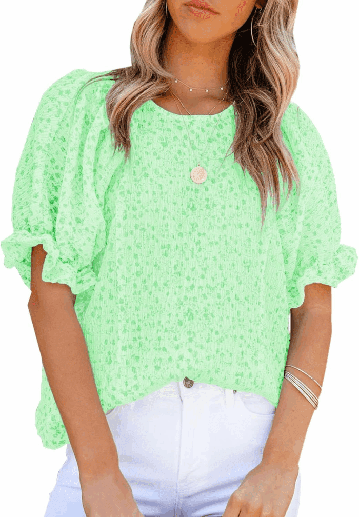 Floral Print Blouses for Women Crewneck Smocked Puff Sleeve Shirts Casual Babydoll Tops
