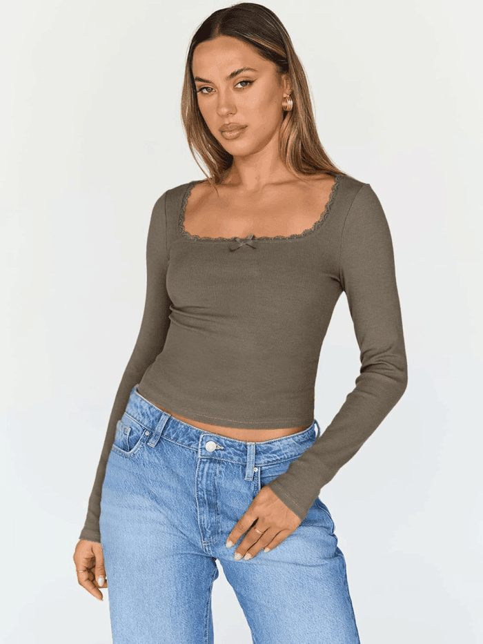Womens Long Sleeve Shirts Crop Square Neck Ribbed Tops Basic Slim Fit Y2K Fall Winter Clothes Outfits 2025 - Image 2