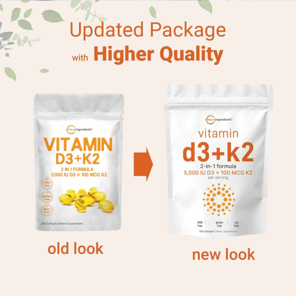 Vitamin D3 5000 IU with K2 100 Mcg, 300 Soft-Gels | K2 MK-7 with D3 Vitamin Supplement, 2 in 1 Support Immune, Heart, Joint, Teeth & Bone Health - Easy to Swallow - Image 3