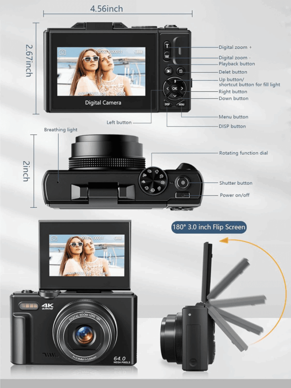 Digital Camera for Photography, 4K Vlogging Camera for Youtube 3" 180° Flip Screen 18X Digital Zoom Compact Retro Cameras with 32GB TF Card & 2 Batteries, Black - Image 7