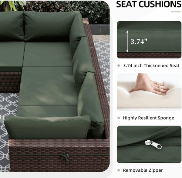 5 Pieces Patio Furniture Sets Outdoor Sectional Sofa Wicker Conversation Couch for Decks, Backyards, Gardens, Brown Rattan, Pine Green Cushion - Image 5