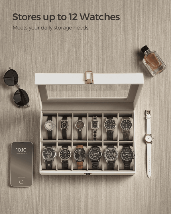 Watch Box, 12-Slot Watch Case with Large Glass Lid, Removable Watch Pillows, Watch Box Organizer, Gift for Loved Ones, Cloud White Synthetic Leather, Cappuccino Beige Lining UJWB120W01 - Image 4
