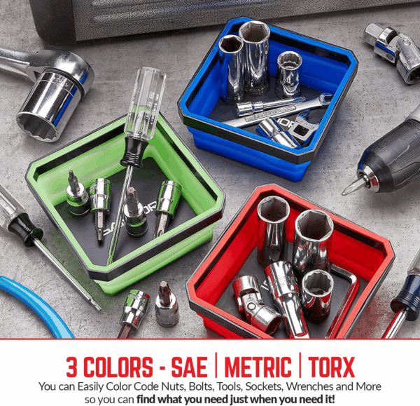 Collapsible Magnetic Parts Tray Set - (Pack of 3) Tool Trays for Screw, Bolts, Nuts, Washers, Pins and Other Small Metal Parts - 4.25 Inch Square - Red, Blue, and Green - Image 6