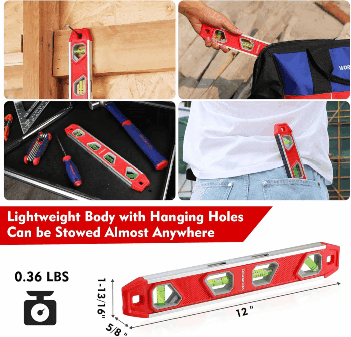 12 Inch Torpedo Level, Magnetic Small Leveler Tool, Plumbing Level with Pitch Vial, Aluminum Reinforced, 4 Bubbles, V-Groove for Conduit Bending - Image 5