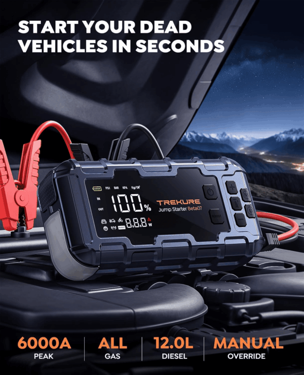 10-In-1 Car Battery Jump Starter with Air Compressor 6000A 160PSI 45W Charger, Jump Starter Jump Box (All Gas 12L Diesel), Car Battery Jumper Starter Portable Jumper Cables, Gloves, Lights - Image 2