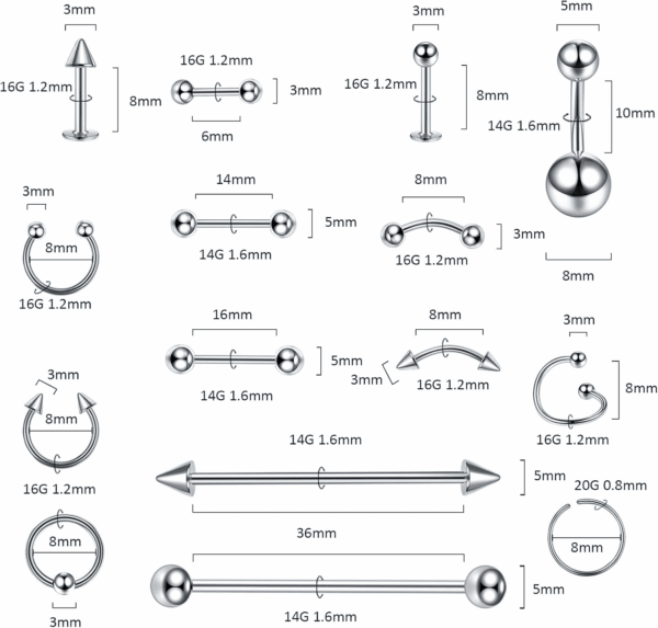 55-150PCS Body Piercing Jewelry Lot 14G 16G 20G Stainless Steel Nose Lip Tongue Cartilage Tragus Eyebrow Industrial Barbell Belly Button Rings Piercing Kit Jewelry - Image 3