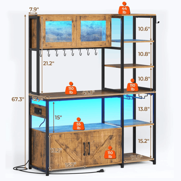 Bakers Rack with Power Outlet and LED Light, 45.3 Inch Farmhouse Coffee Bar Cabinet, Kitchen Microwave Stand with Storage, Glass Cabinet, Goblet Holder and 8 Hooks (Rustic Brown) - Image 2