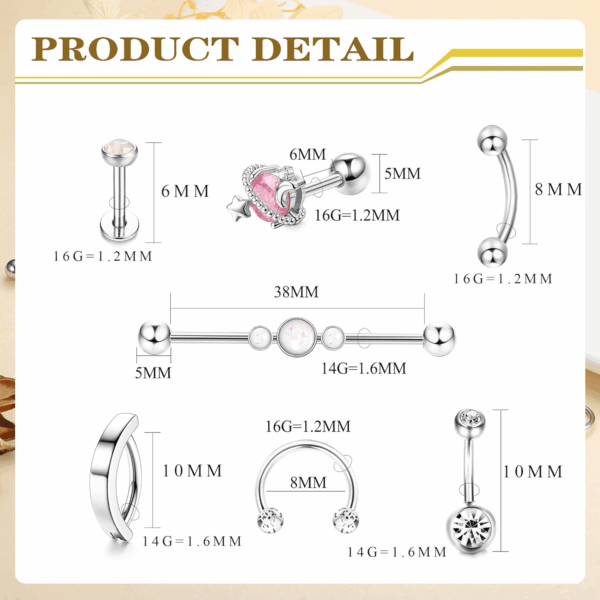 37 Pcs 14G-16G Body Piercing Jewelry for Women 316L Stainless Steel Industiral Cartilage Earrings Clicker Belly Button Rings Lip Eyebrow Rings Horsehoe Septum Rings Body Piercing Jewelry Set - Image 7
