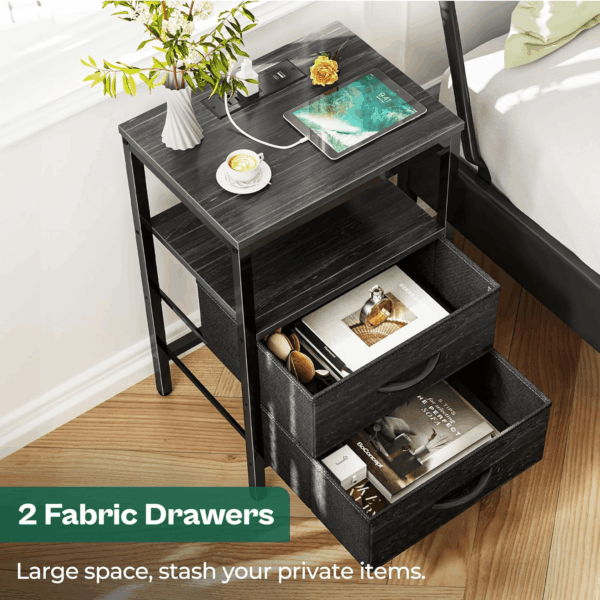 Nightstand with Charging Station, Fabric Drawers, End Table with Open Shelf, Bedside Table with USB Ports and Outlets, Night Stand for Bedroom, Charcoal Black Wood Grain Print - Image 4