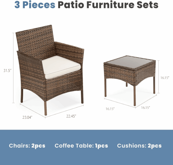 Patio Furniture Set 3 Pieces, Outdoor Wicker Furniture with Coffee Table, Modern Rattan Patio Chairs Conversation Sets with Sofa for Garden, Terrace, Porch, Balconies, Lawns, Brown - Image 2