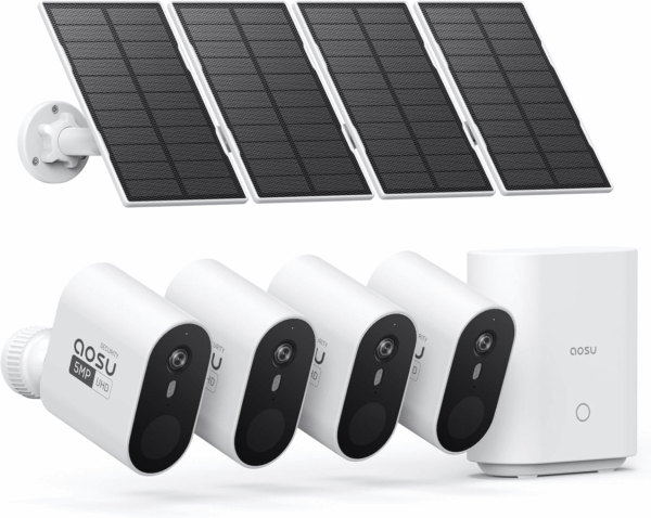3K/5MP Solar Security Cameras Outdoor Wireless, Ultra HD Video Home Security System 4-Cam Kit with 166° Ultra Wide Angle, Cam-To-Cam Sync, Color Night Vision, Spotlight & Siren, No Monthly Fees