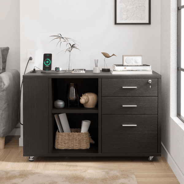 File Cabinet with Charging Station, Mobile Lateral Filing Cabinet with Lock for Home Office, Printer Stand with Open Storage Shelf, Fits A4, Letter, Legal Size Files, Office Furniture, Black - Image 8