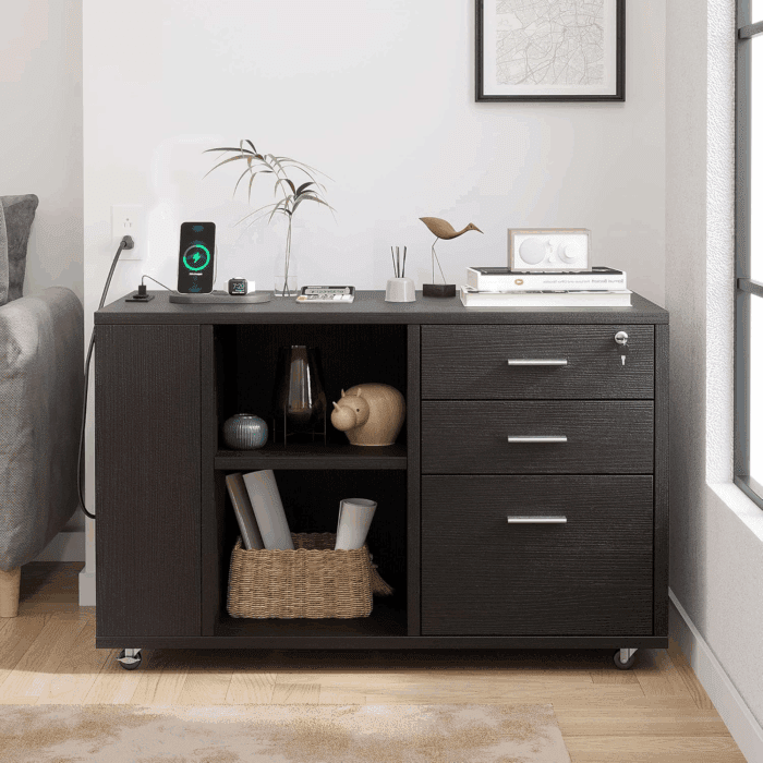 File Cabinet with Charging Station, Mobile Lateral Filing Cabinet with Lock for Home Office, Printer Stand with Open Storage Shelf, Fits A4, Letter, Legal Size Files, Office Furniture, Black - Image 8