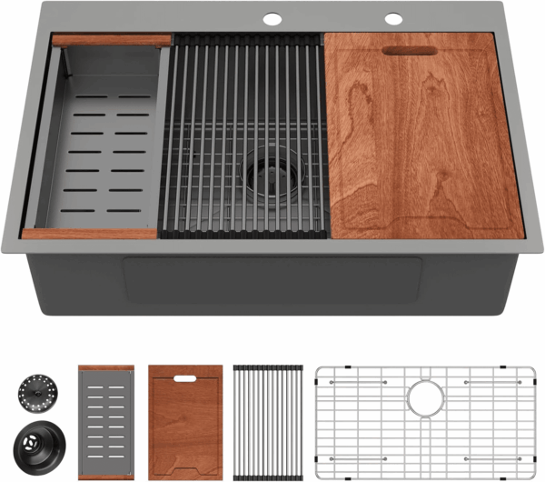 33 Black Kitchen Sink Drop in -  33X22 Drop Sink Stainless Steel 16 Gauge Gunmetal Black Ledge Workstation Single Bowl Topmount Overcounter Kitchen Sinks Deep Basin