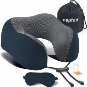 Neck Pillow for Traveling, Upgraded Travel Neck Pillow for Airplane 100% Pure Memory Foam Travel Pillow for Flight Headrest Sleep, Portable Plane Accessories, Deep Blue Set, Medium (120-200LB)