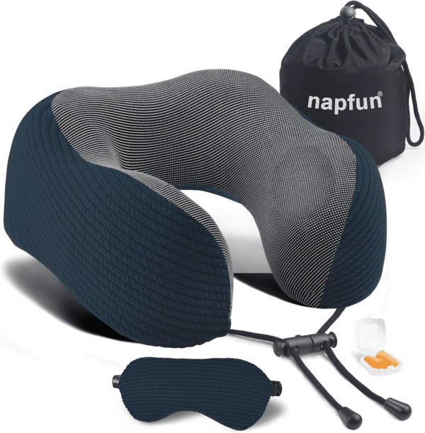 Neck Pillow for Traveling, Upgraded Travel Neck Pillow for Airplane 100% Pure Memory Foam Travel Pillow for Flight Headrest Sleep, Portable Plane Accessories, Deep Blue Set, Medium (120-200LB)