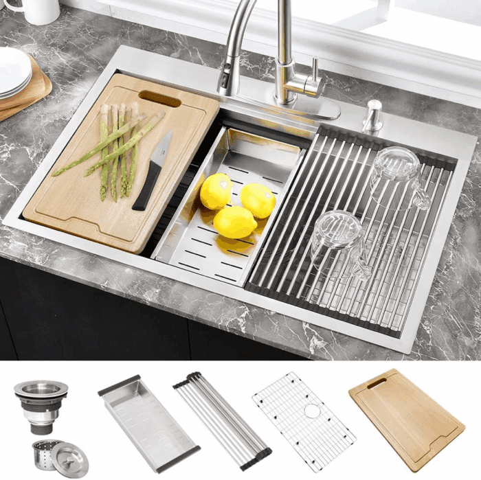 33 Inch Drop in Kitchen Sink Workstation- 33X22 Drop in Topmount Sink Double Ledges Workstation 16 Gauge Stainless Steel Single Bowl Deep Kitchen Sinks with Cutting Board