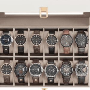 Watch Box, 12-Slot Watch Case with Large Glass Lid, Removable Watch Pillows, Watch Box Organizer, Gift for Loved Ones, Cloud White Synthetic Leather, Cappuccino Beige Lining UJWB120W01