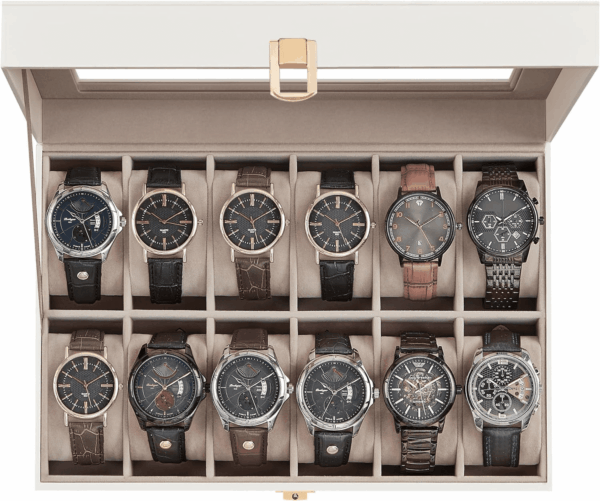 Watch Box, 12-Slot Watch Case with Large Glass Lid, Removable Watch Pillows, Watch Box Organizer, Gift for Loved Ones, Cloud White Synthetic Leather, Cappuccino Beige Lining UJWB120W01