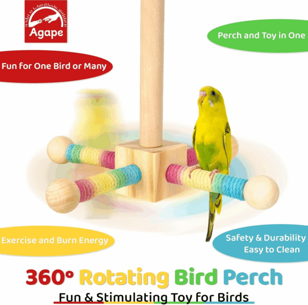 Bird Perch Toy, Parrot 360° Interactive Rotating Toy, Bird Cage Accessories for Small and Medium Parrots to Expend Energy, Wooden Stand for Parakeets Cockatiels Lovebirds Conures Finches Budgies - Image 2