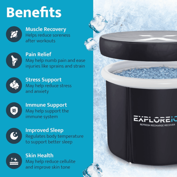 Explore Ice Bath Pro Max Extra Large Outdoor Inflatable Portable Athlete Cold Water Therapy Plunge Barrel Bath Tub with Lid and Carry Bag, Black/White - Image 3