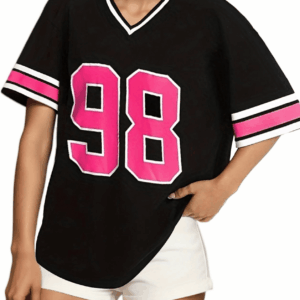 American Jersey for Women Oversized Graphic Stripe Trim V Neck Drop Shoulder Summer Tshirts