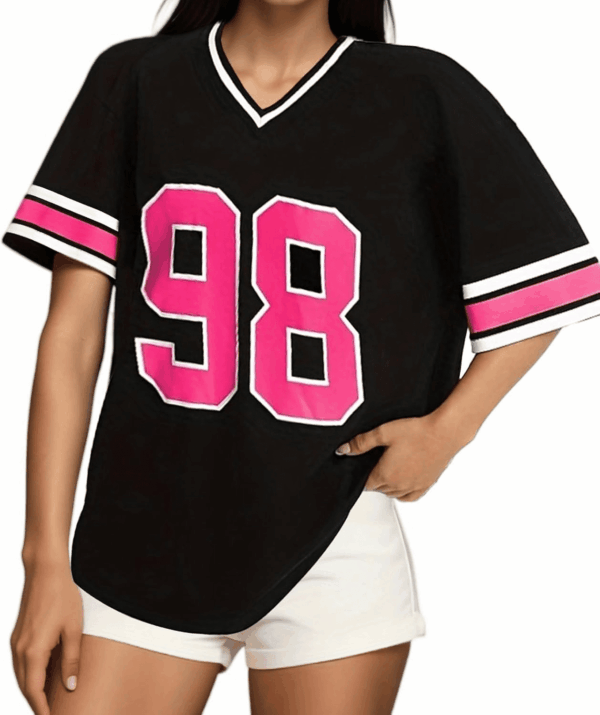 American Jersey for Women Oversized Graphic Stripe Trim V Neck Drop Shoulder Summer Tshirts