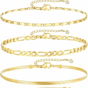 Gold Ankle Bracelets for Women, 14K Gold Plated Waterproof Cuban Link Chain Anklets Set, Layered Anklet Bracelets for Women Beach Gift Adjustable Size 5Pc