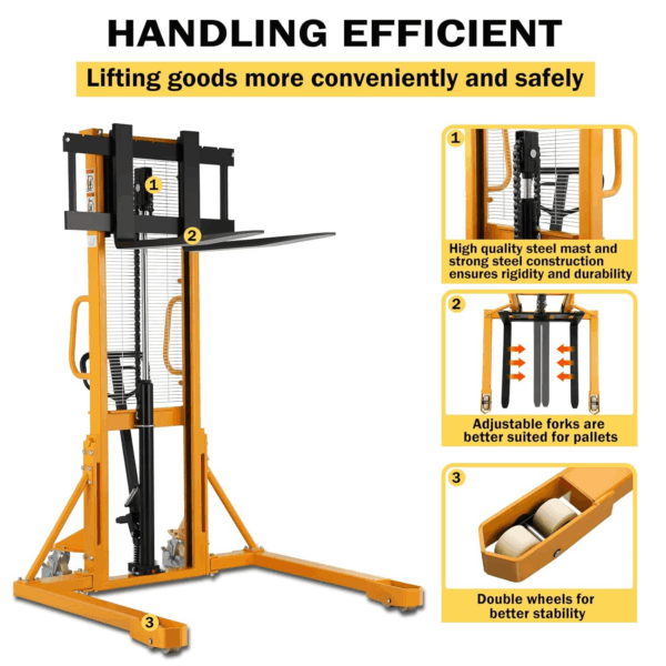 Manual Pallet Stacker with Straddle Legs 2200Lbs Capacity 63" Lift Height, Adjustable Forks - Image 2