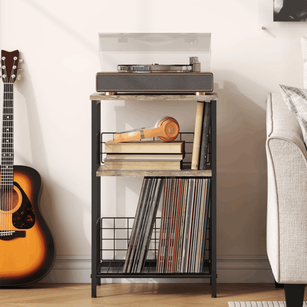 Side Table, Small End Table Record Player Stand with Storage, Vinyl Record Storage Night Stand for Living Room, Bedroom,Office(Patent Pending)(Brown&Black) - Image 7