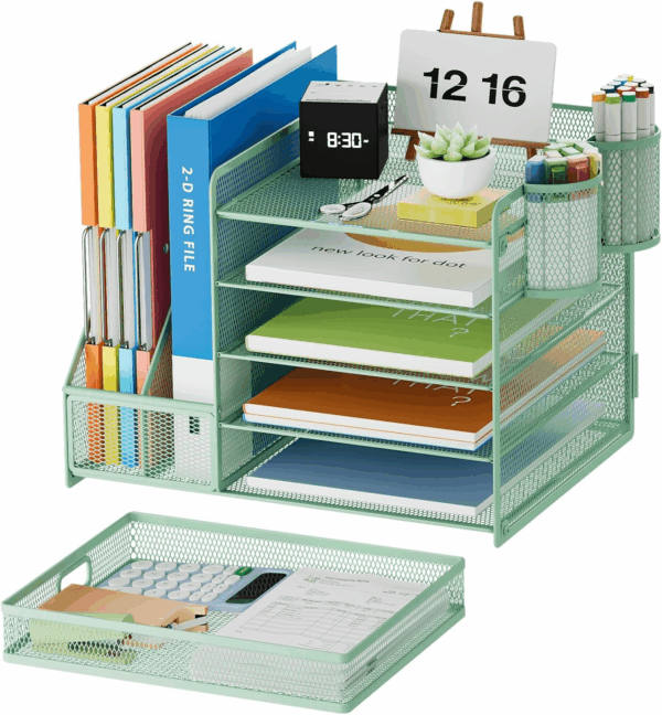 Desk Organizer with File Holder, 5-Tier Paper Letter Tray Organizer with Drawer and 2 Pen Holder, Mesh Desktop Organizer and Storage with Magazine Holder for Office Supplies (Green) - Image 2