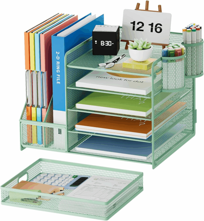Desk Organizer with File Holder, 5-Tier Paper Letter Tray Organizer with Drawer and 2 Pen Holder, Mesh Desktop Organizer and Storage with Magazine Holder for Office Supplies (Green) - Image 2
