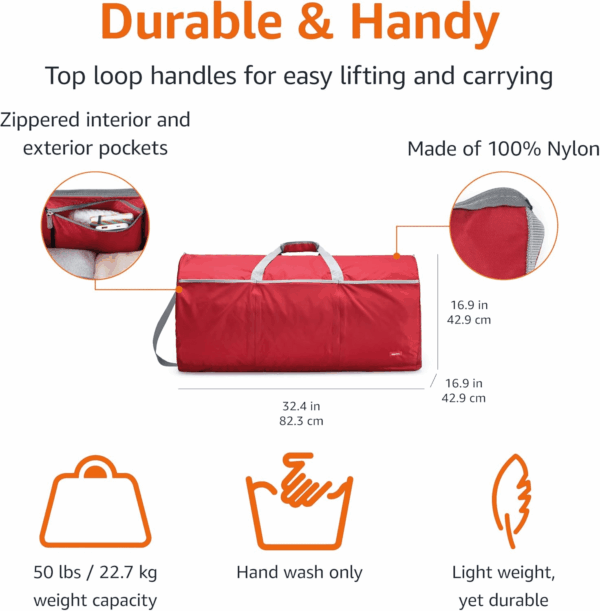 Large Duffel Bag (100L) for Travel, Travel Bag, with Multiple Zippered Pockets, Lightweight yet Durable Nylon Material, 50-Pound Weight Capacity, Red, 32.4"L X 16.9"W X 16.9"H - Image 2
