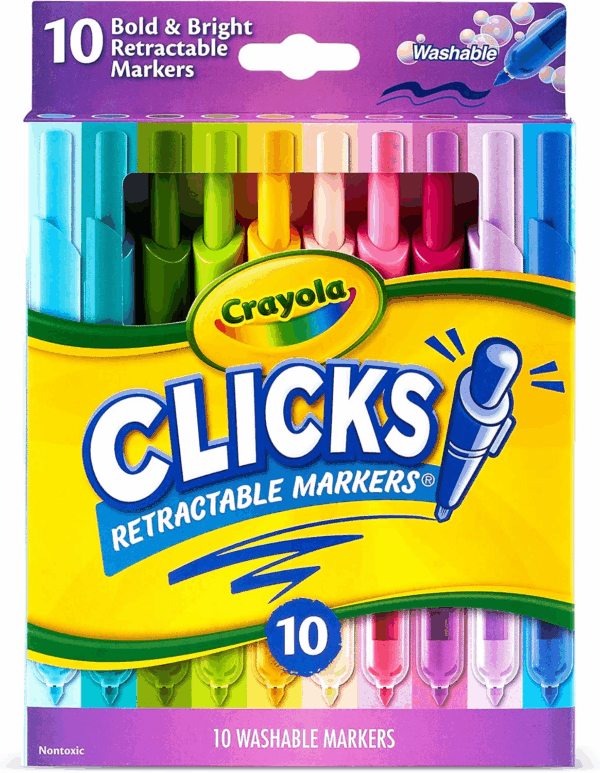 Clicks Retractable Markers (10Ct), No Dry Washable Markers for Kids, Bold Colors, Click Markers for School, Easter Basket Stuffers & Gifts for Kids