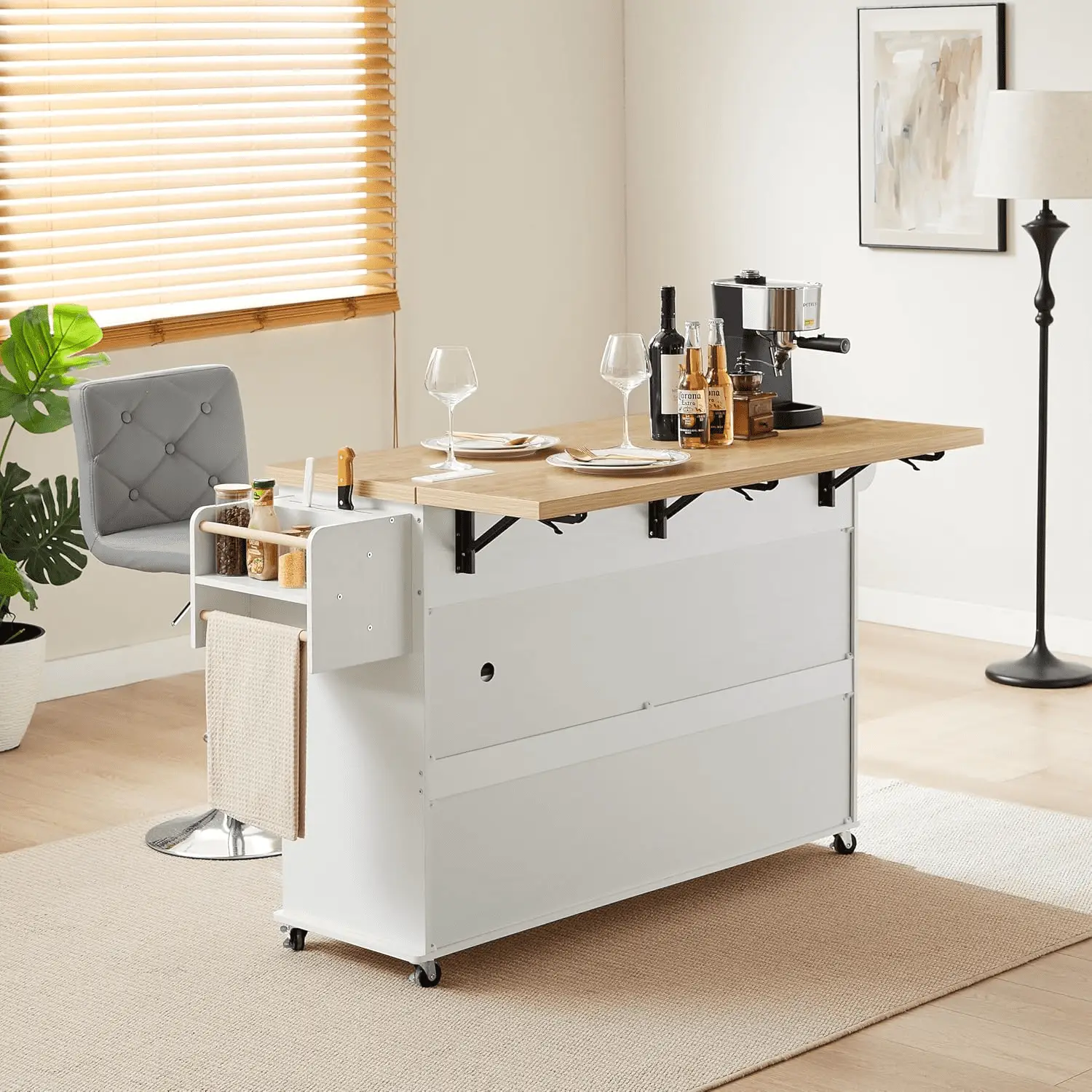 60" Kitchen Island with Power Outlet & Drop Leaf, Kitchen Rolling Island with Spice Rack & Towel Rack, Knife Holder, Kitchen Island Cart with Trash Storage Cabinet, Mobile Island Table for Kitchen - Image 5