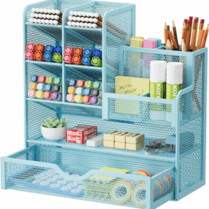 Mesh Pen Holder for Desk, Multi-Functional Pencil Organizer with Drawer, Desk Organizers and Accessories for Office Art Supplies (Blue)
