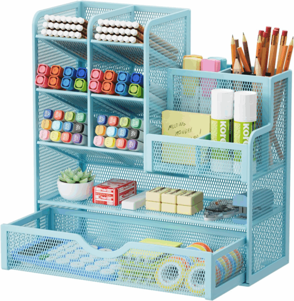 Mesh Pen Holder for Desk, Multi-Functional Pencil Organizer with Drawer, Desk Organizers and Accessories for Office Art Supplies (Blue)