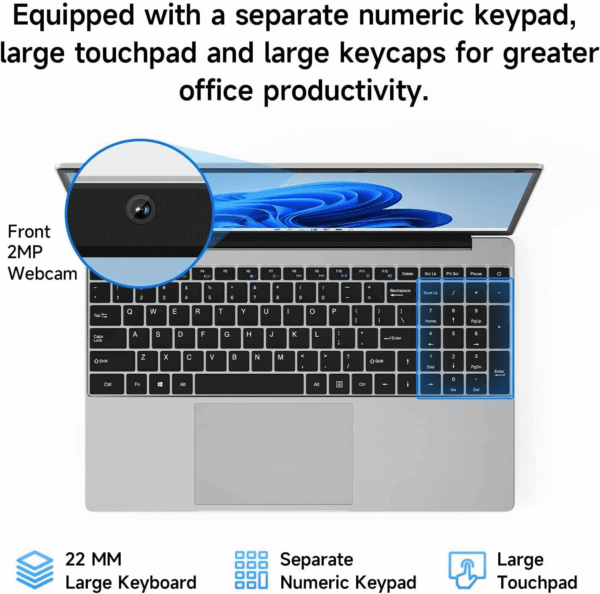 15.6 Inch Laptop with Office 365, 4GB RAM, 128GB Storage Expandable 1TB, 5205U Processor, HD Display, Windows 11 Laptops Computer, Wi-Fi 5, BT4.2, Numpad, Type-C, for Business and Students. - Image 7