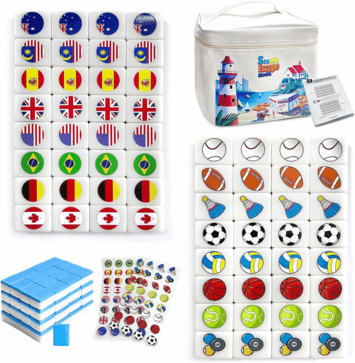Seaside Escape Game Blocks， Mahjong Tile Game Sets with 65 Tiles 30Mm Flag and Ball Pattern with Handbag for Spring Picnic Party Gift.