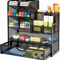 Mesh Pen Holder for Desk, Multi-Functional Pencil Organizer with Drawer, Desk Organizers and Accessories for Office Art Supplies (Black)