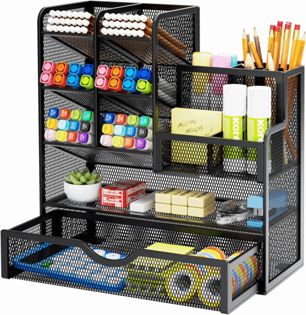Mesh Pen Holder for Desk, Multi-Functional Pencil Organizer with Drawer, Desk Organizers and Accessories for Office Art Supplies (Black)