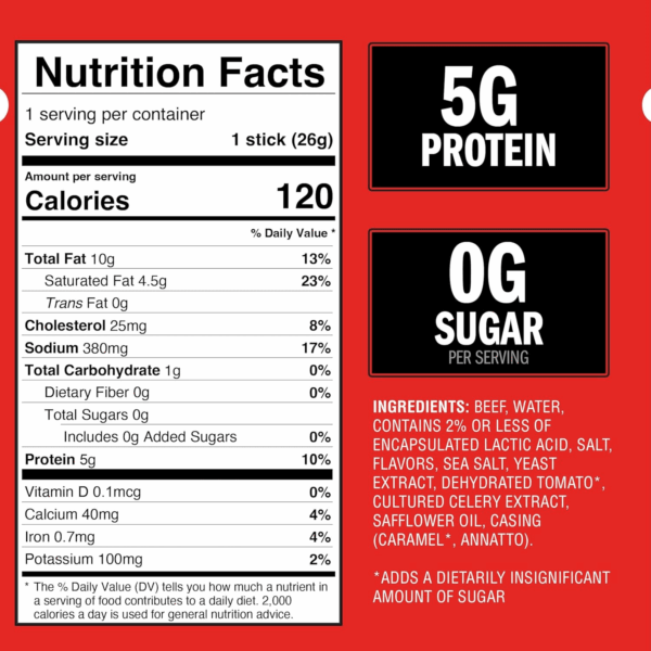Beef Sticks, Original Zero Sugar – Protein Snack, Meat Stick with 5G of Protein, Meat Snack Sticks Made with 100% Beef, Keto & Paleo Diet Friendly, Individually Wrapped – 0.92 Oz. (20 Count) - Image 2