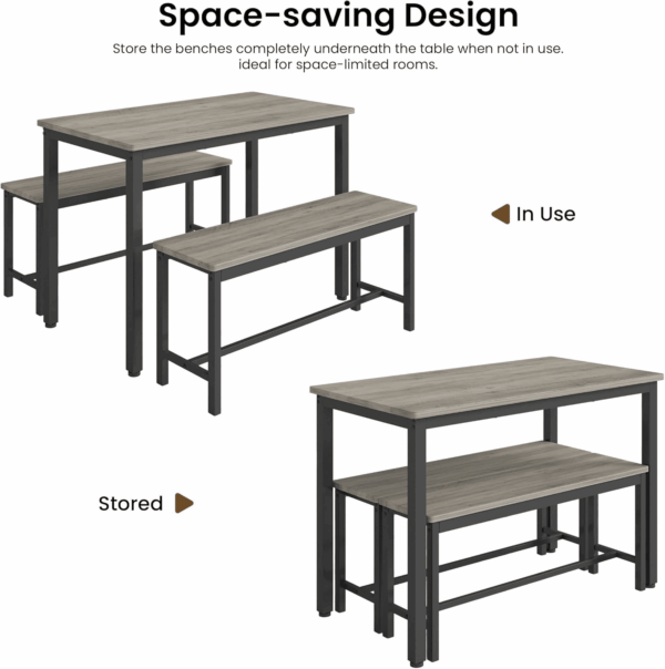 Dining Table Set for 4, Kitchen Room Table Set with 2 Benches, 3-Piece Dining Chairs Set for Breakfast Nook, Grey - Image 6