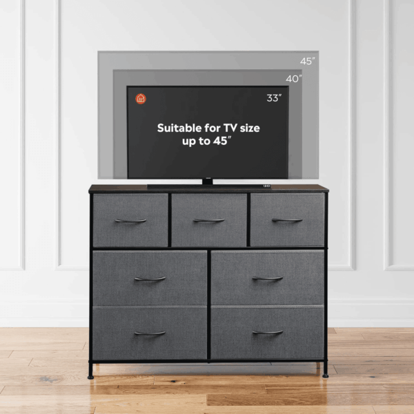 7 Drawer Dresser TV Stand, Entertainment Center, Media Console Table with Metal Frame and Wood Top for TV up to 45 Inch, Chest of Drawers for Bedroom, Living Room, Dark Grey - Image 7