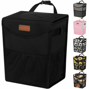 Car Trash Can with Lid, Cute Leakproof Car Trash Garbage Bag Hanging Vehicle Trash Bin Small Portable Automotive Garbage Cans Organizer for Back/Front Seat/Console(Trapezoid,Black)