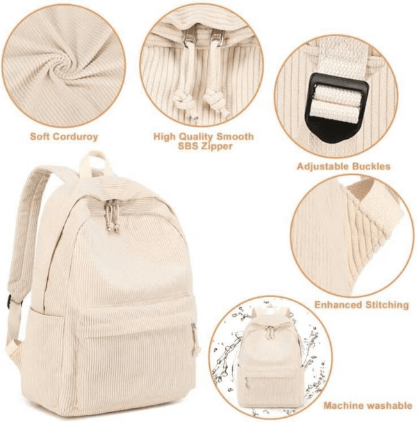 School Backpack for Teens Large Corduroy Bookbag Lightweight 17 Inch Laptop Bag for Girls Women Casual High School College (Corduroy-Beige) - Image 8